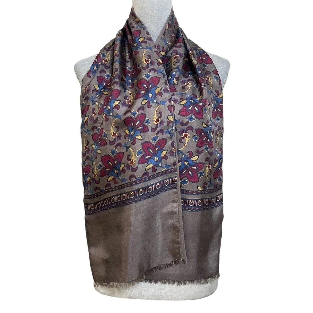 100% Silk Wool Reversible Floral Scarf Cocktail Cozy Comfy Fall Italy Fringe